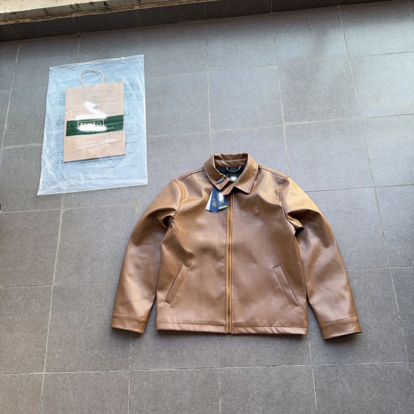 RL classic zipper solid color lapel long-sleeved leather retro cool jacket