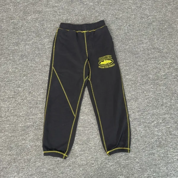 Corteiz Sweatpants Black with Yellow Stitching and Logo - 1