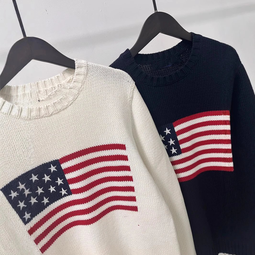 Knitted Sweater With American Flag Motif Cream And Navy Casual