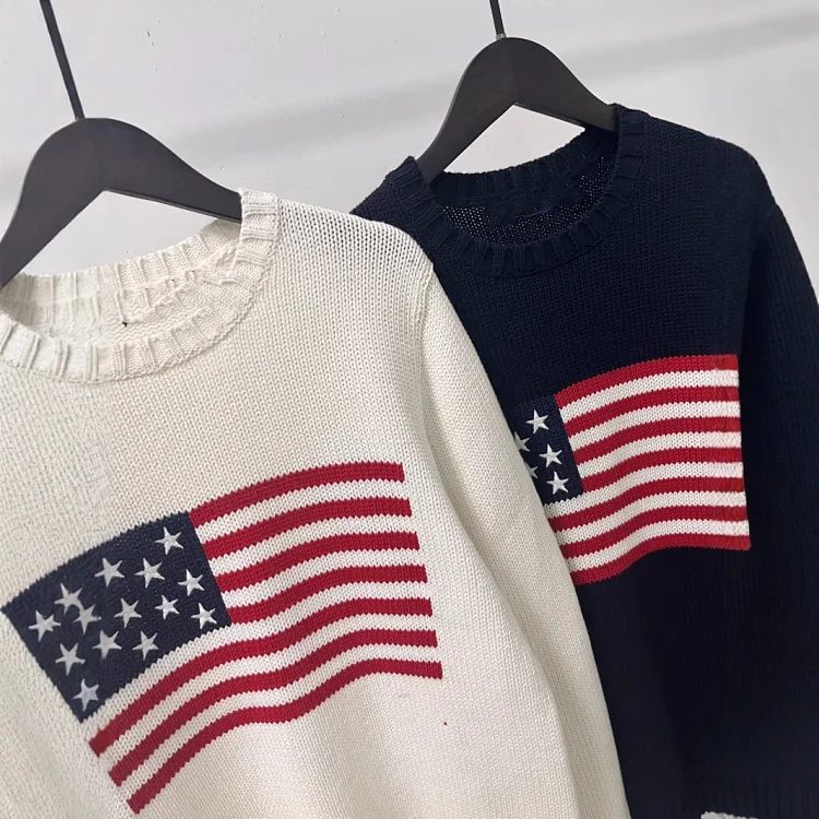 Five-pointed star embroidered striped flag pullover round neck knitted sweater for women for men and women(pic4) Five-pointed star embroidered striped flag pullover round neck knitted sweater for women for men and women