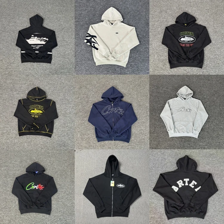Catalog seller-listing image: Letter-embroidered zip hoodie and jogger listing; not warehouse QC