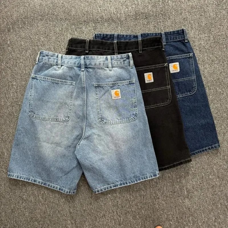 Washed loose-fit light-blue denim shorts