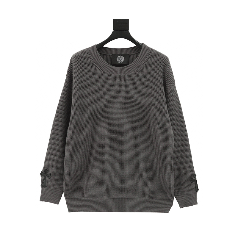 Design Cross-Stitch Leather Patch Grid Knit Sweater Gray - 2