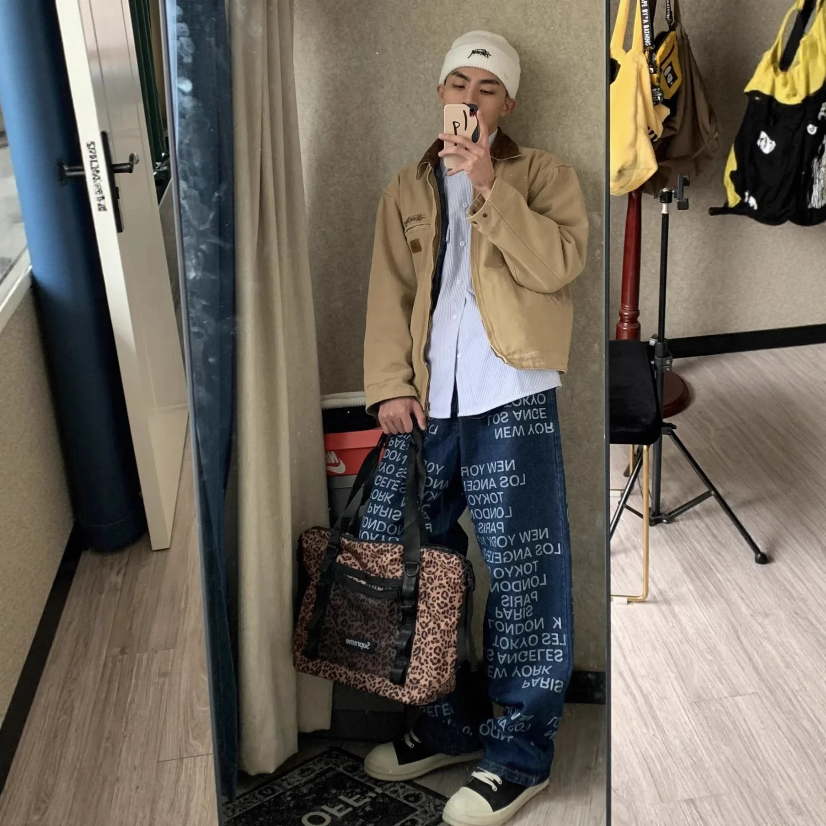 All-over barrage American street retro letter print denim jeans