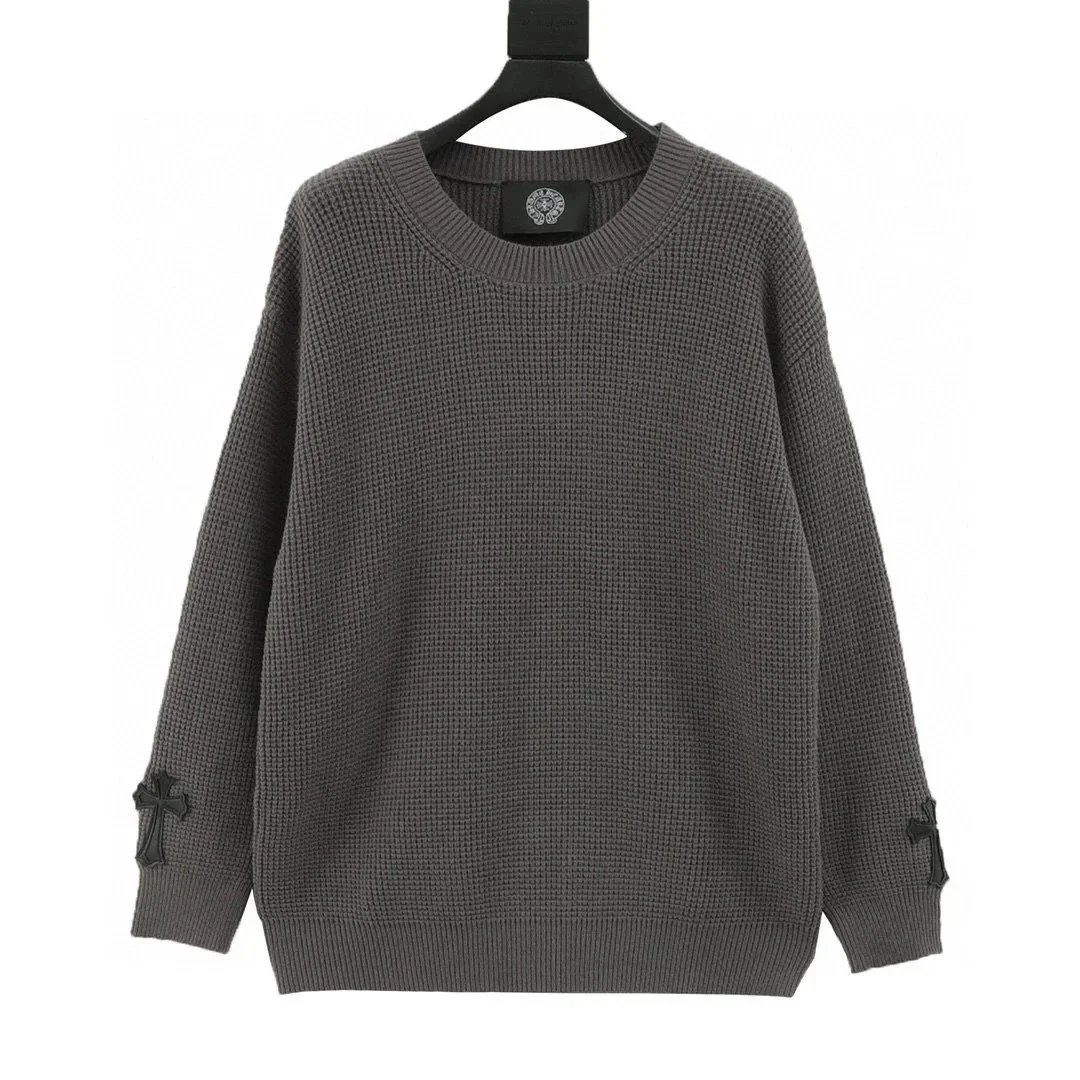 Design Cross-Stitch Leather Patch Grid Knit Sweater Gray - 4