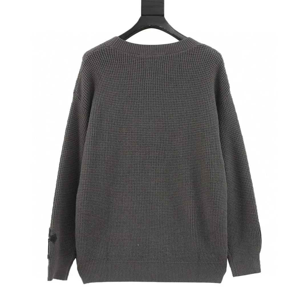 Design Cross-Stitch Leather Patch Grid Knit Sweater Gray - 5