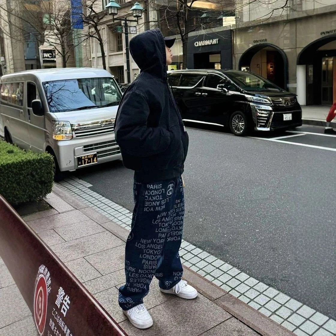 All-over barrage American street retro letter print denim jeans