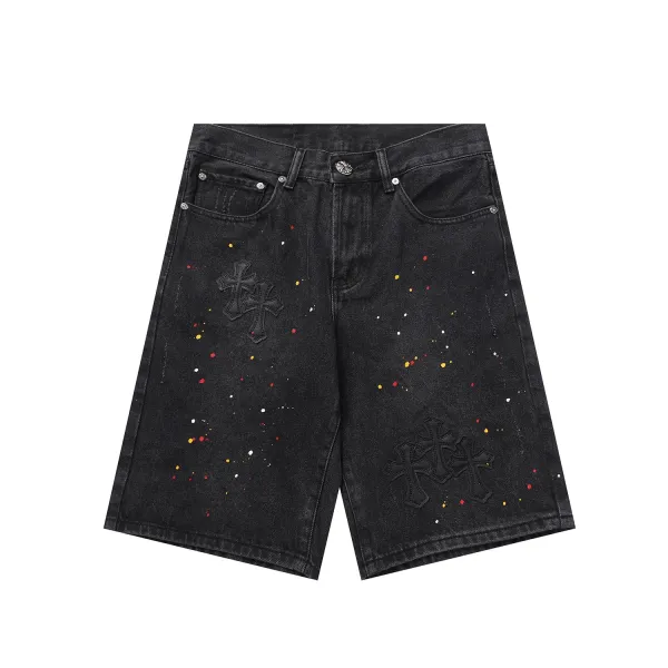 Chrome Hearts Cross Embroidery Splatter Paint Denim Shorts - 1