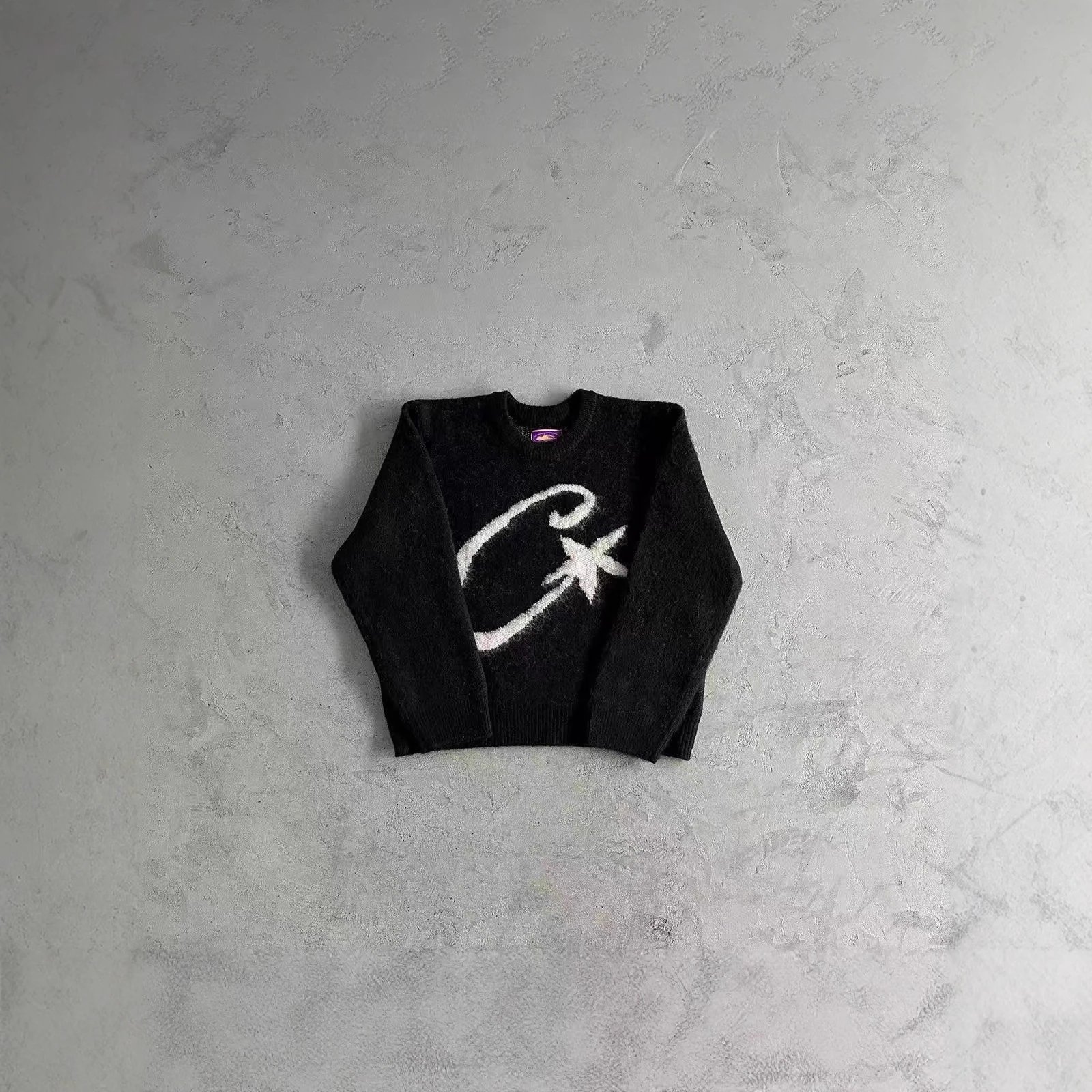 Black Knit Sweater With White Star Logo Graphic Streetwear