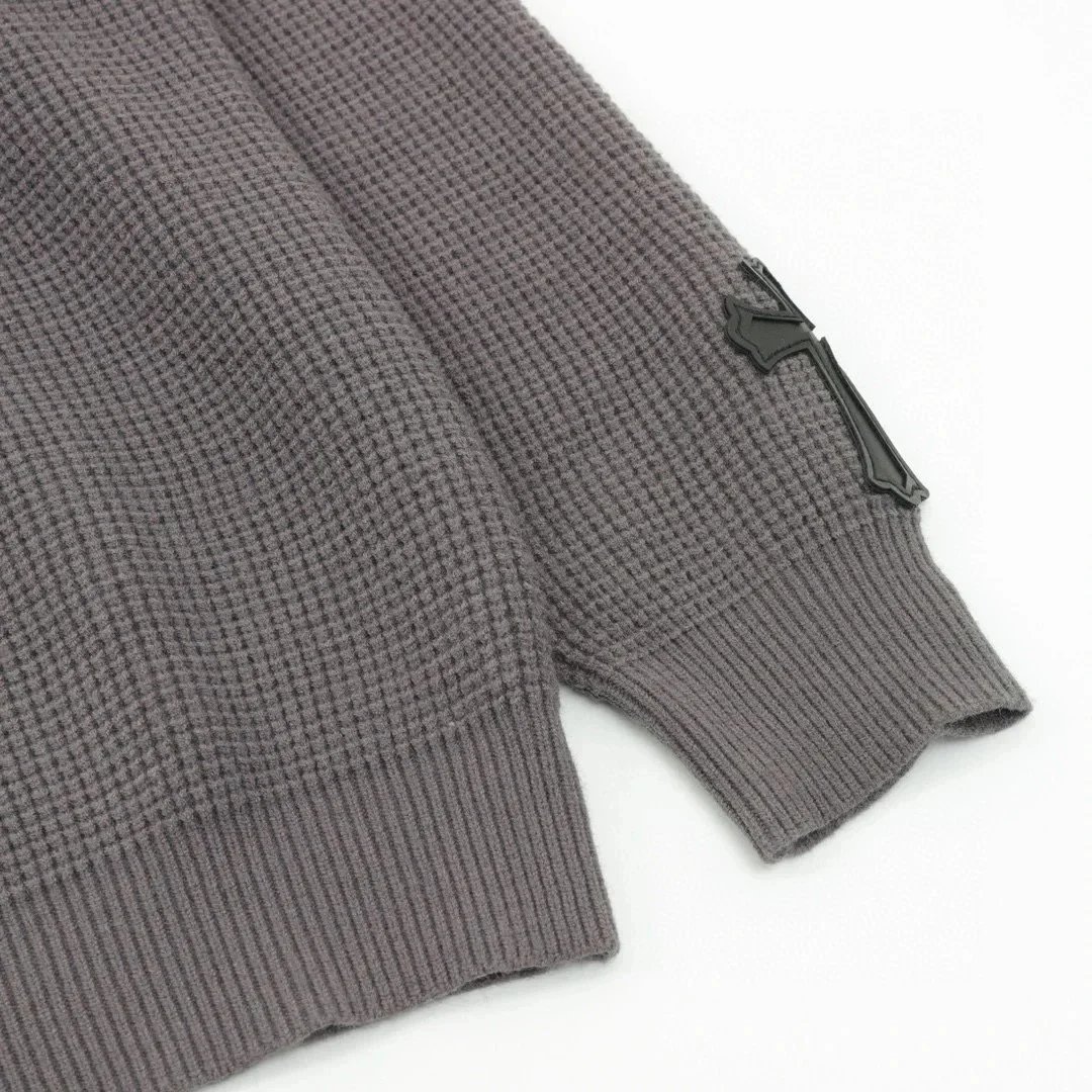 Design Cross-Stitch Leather Patch Grid Knit Sweater Gray - 7