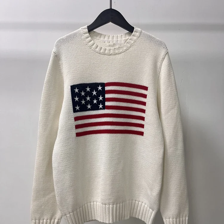 Five-pointed star embroidered striped flag pullover round neck knitted sweater for women for men and women(pic2) Five-pointed star embroidered striped flag pullover round neck knitted sweater for women for men and women