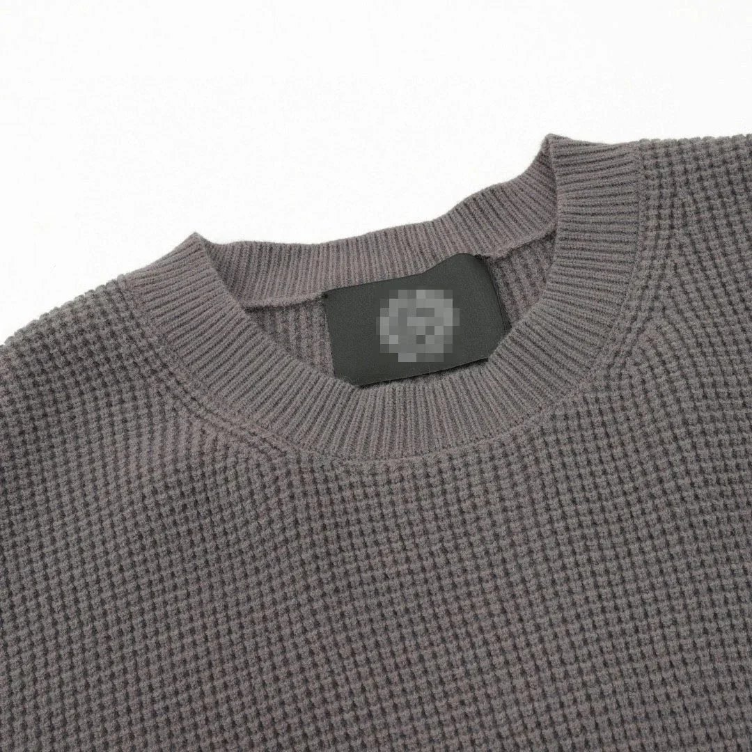 Design Cross-Stitch Leather Patch Grid Knit Sweater Gray - 6