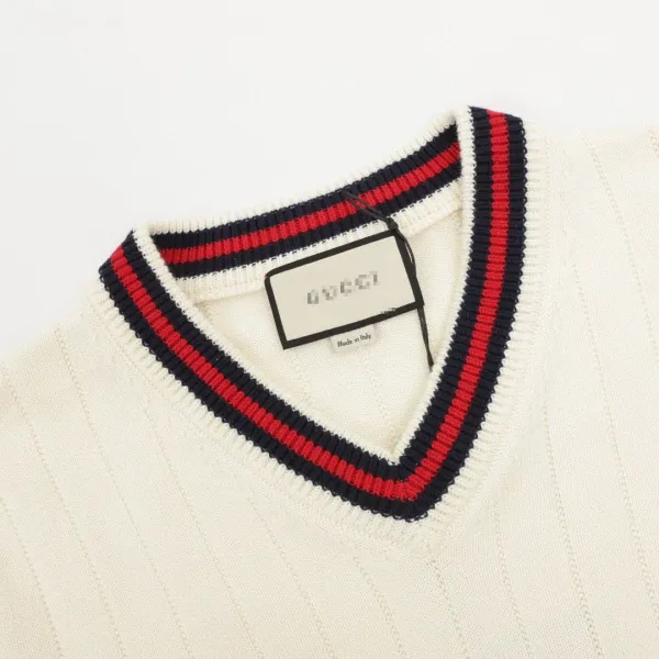 Gucci Double G Logo V-Neck Knit Sweater Beige - 7