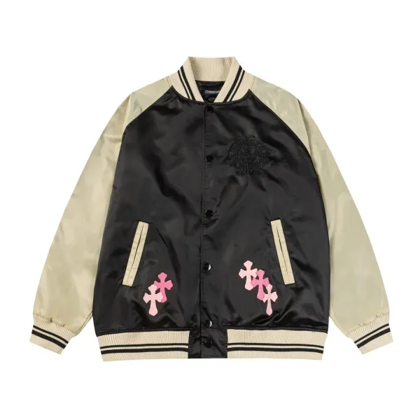 Chrome Hearts x Unknown Brand Satin Varsity Jacket Black Beige Pink Cross Embroidery Jacket - 1