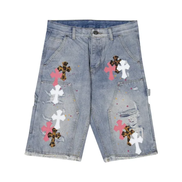 Philipp Plein Cross-Embellished Distressed Denim Shorts Multicolor - 1