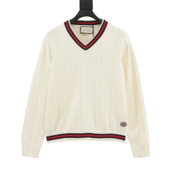 Gucci Double G Logo V-Neck Knit Sweater Beige - 5