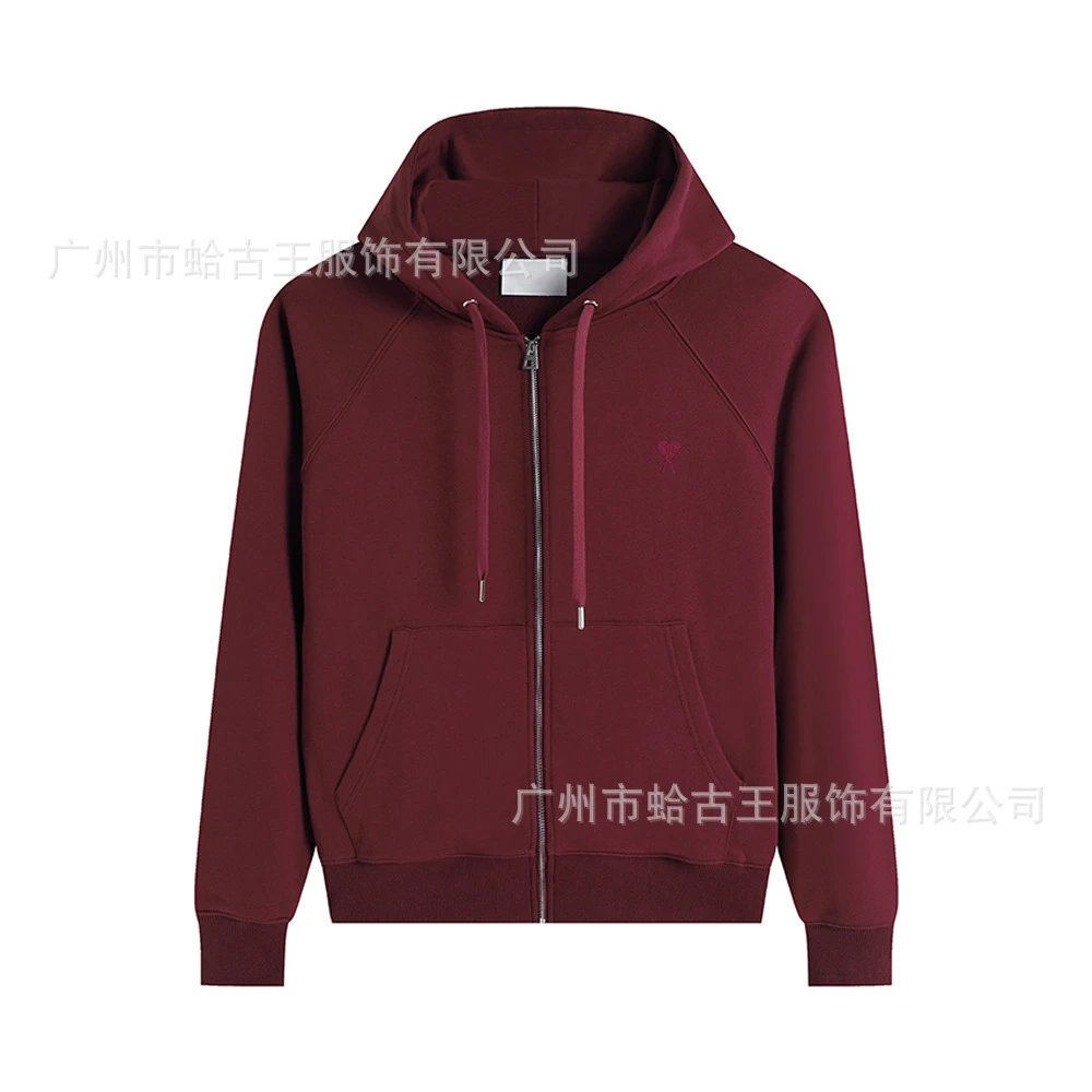 Ami Paris Heart Logo Zip-Up Hoodie Burgundy - 1