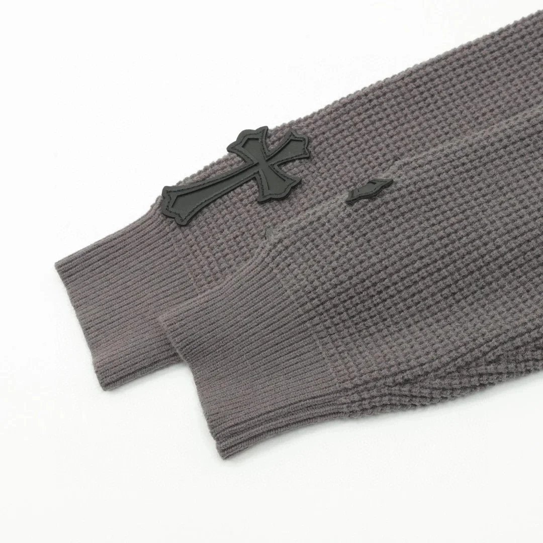 Design Cross-Stitch Leather Patch Grid Knit Sweater Gray - 10