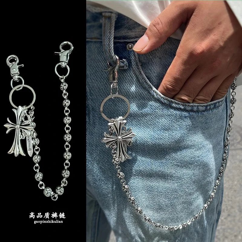 Multi-element trouser chain, cross pendant waist chain, lobster clasp attachment, denim jeans chain.
