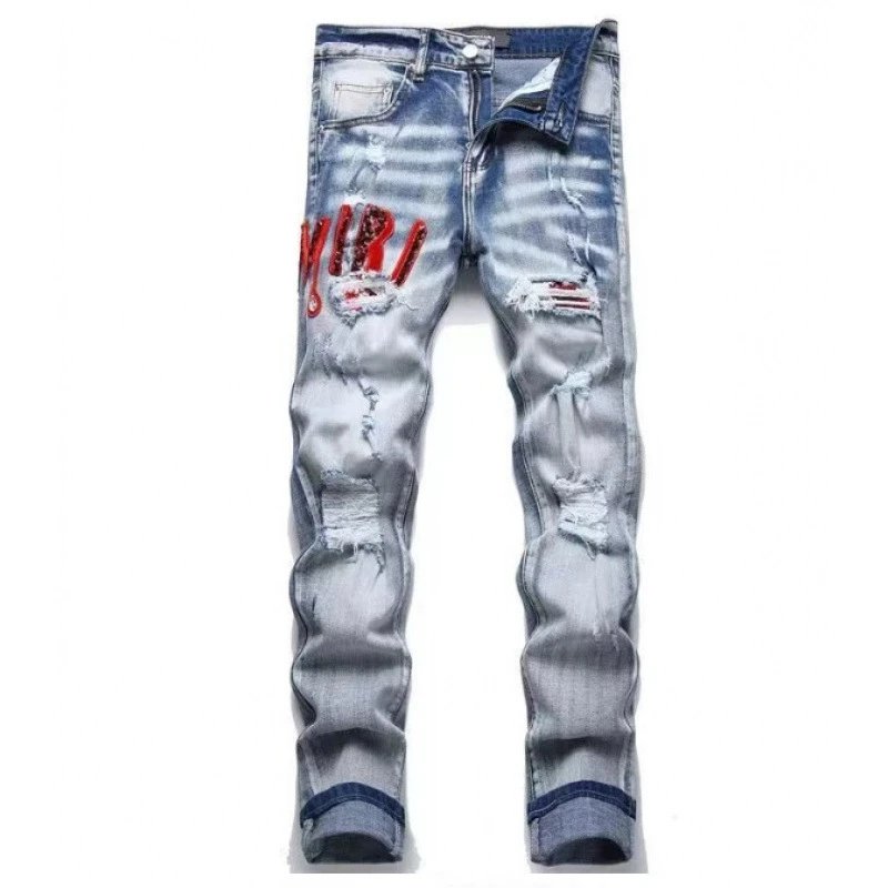 Autumn Winter Patched Slim Ripped Embroidered Jeans photo 7