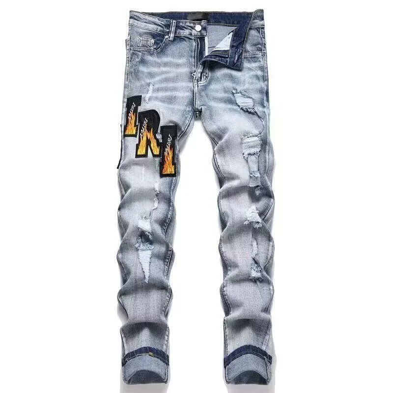 Autumn Winter Patched Slim Ripped Embroidered Jeans photo 3