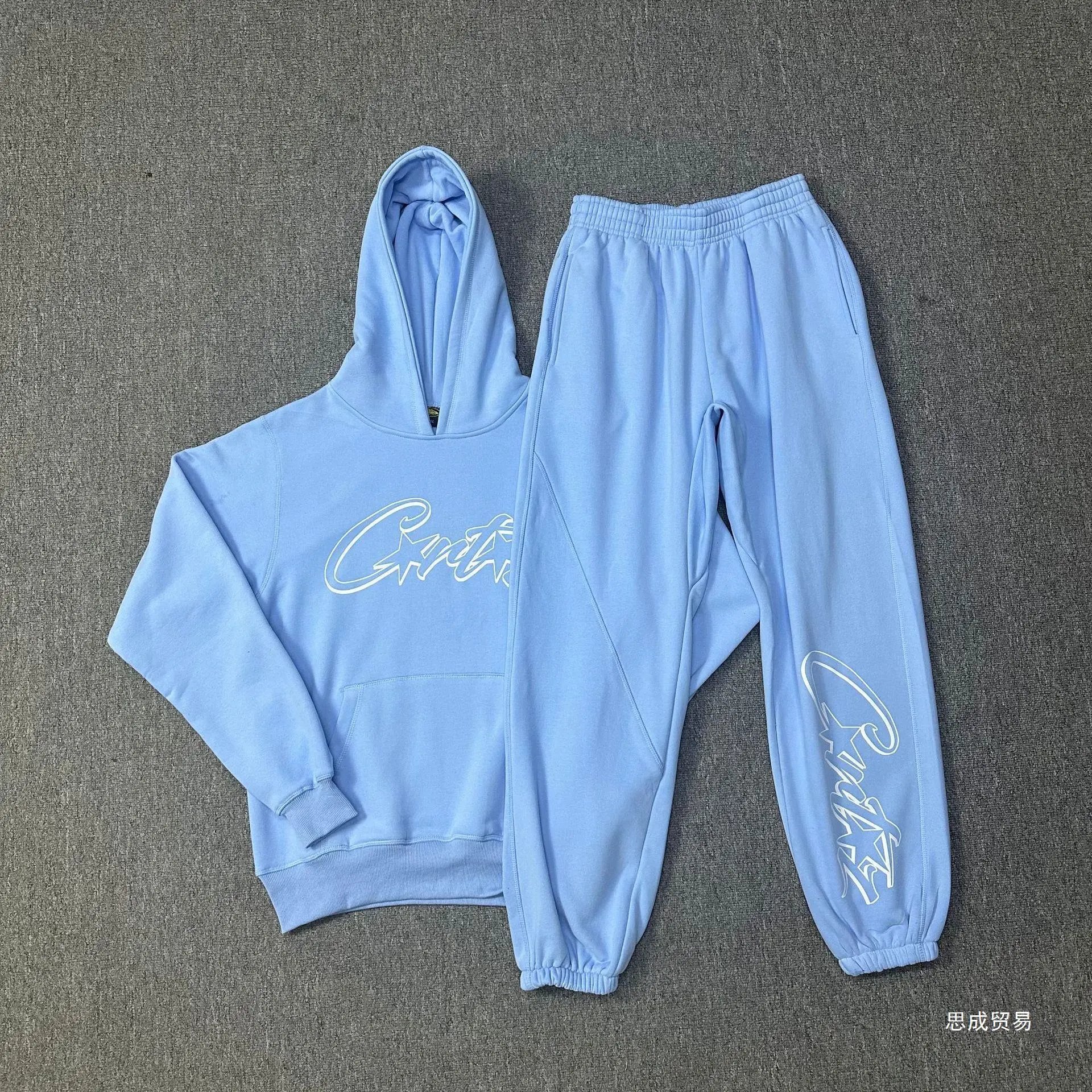 Corteiz Light Blue Script Logo Hoodie and Sweatpants Set - 32