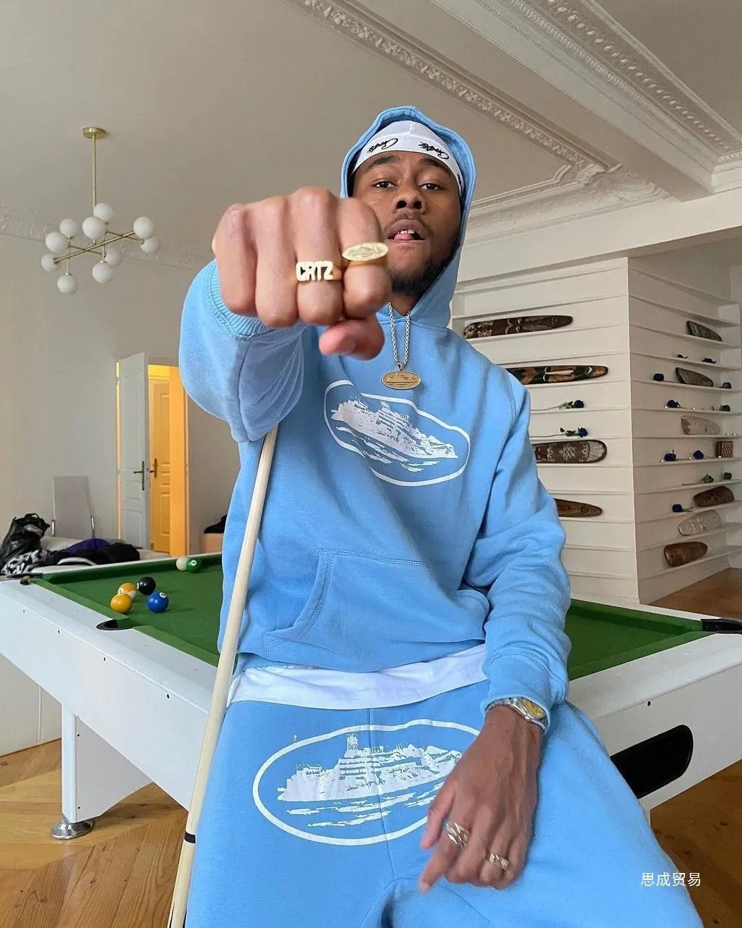 Corteiz Light Blue Script Logo Hoodie and Sweatpants Set - 7