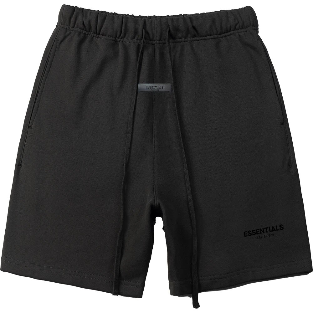 Calção preto folgado, com estampa em veludo e cordão de ajuste, estilo casual