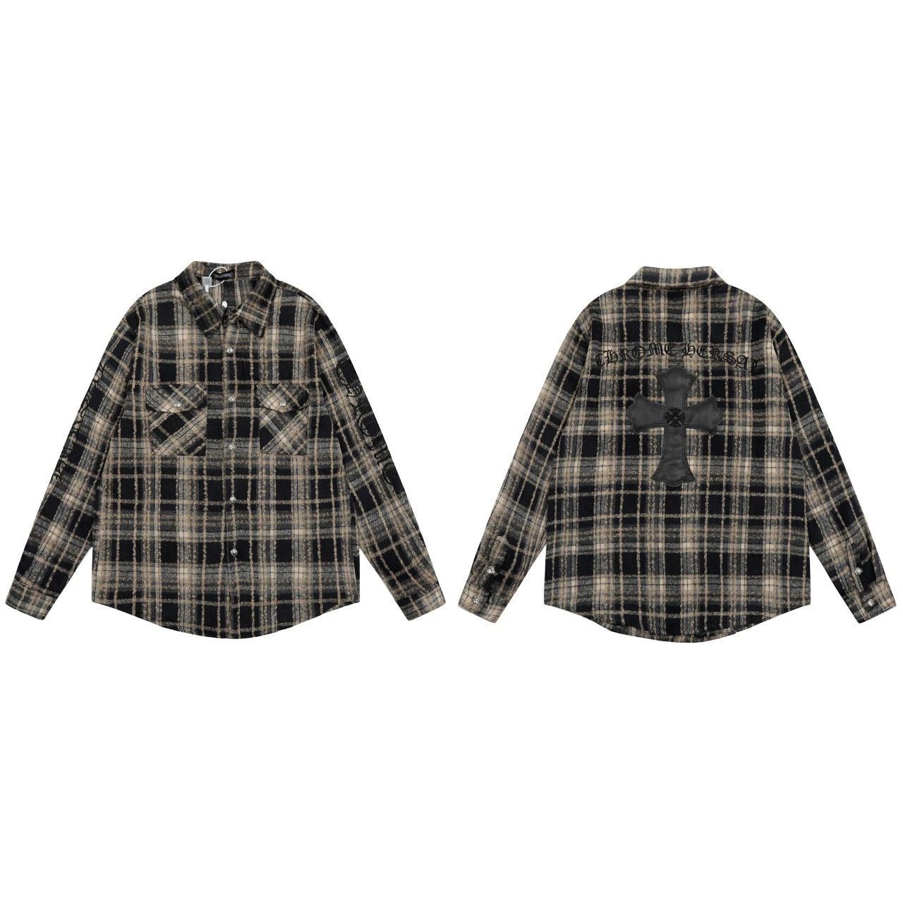2025 New CH Cro Correct Edition Heavy Industry Leather Seal Embroidery Chest Pocket Woolen Checkered Shirt Men's and Women's Styles