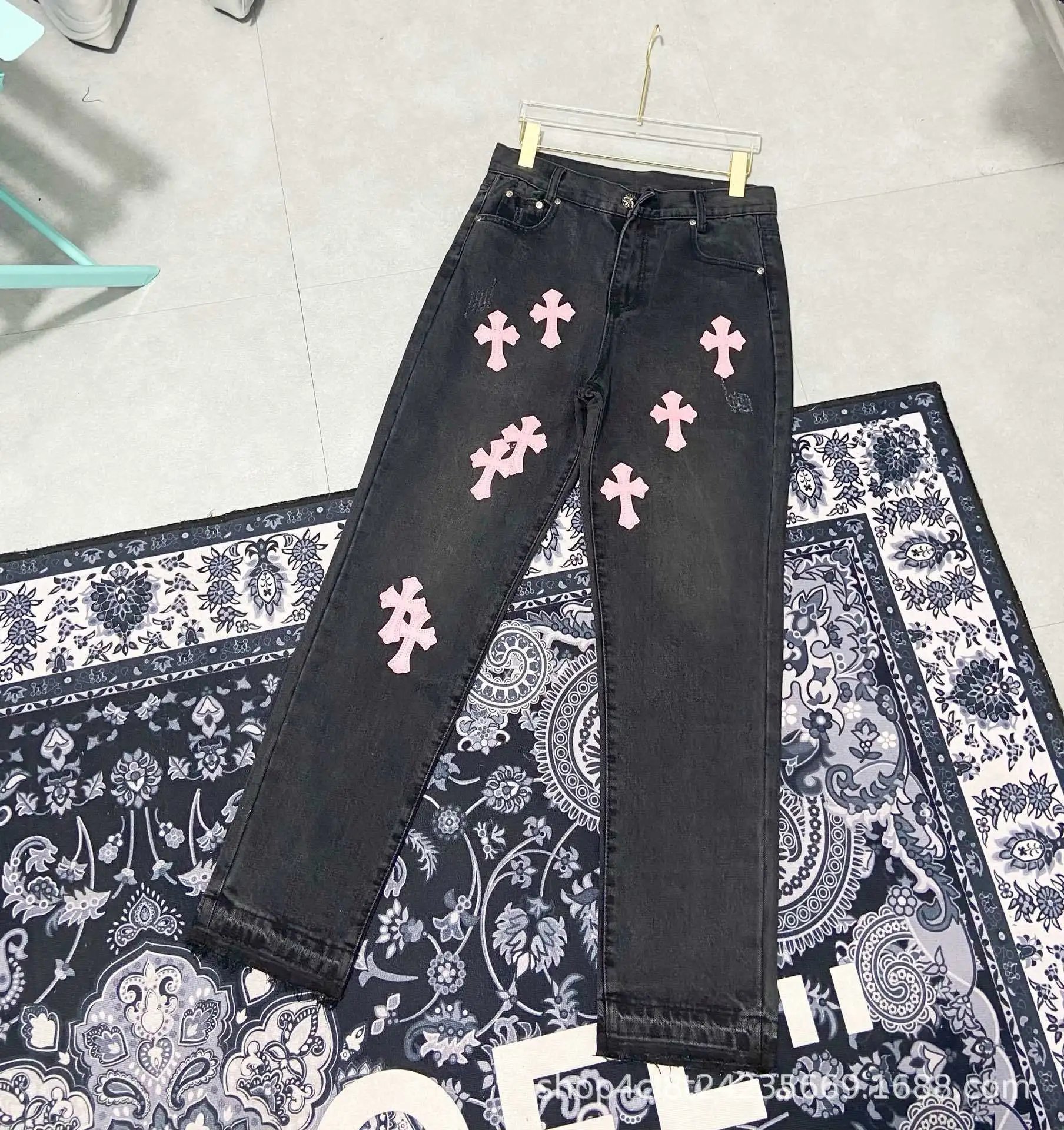Chrome Hearts All-Over Cross Print Wide-Leg Jeans Black - 39