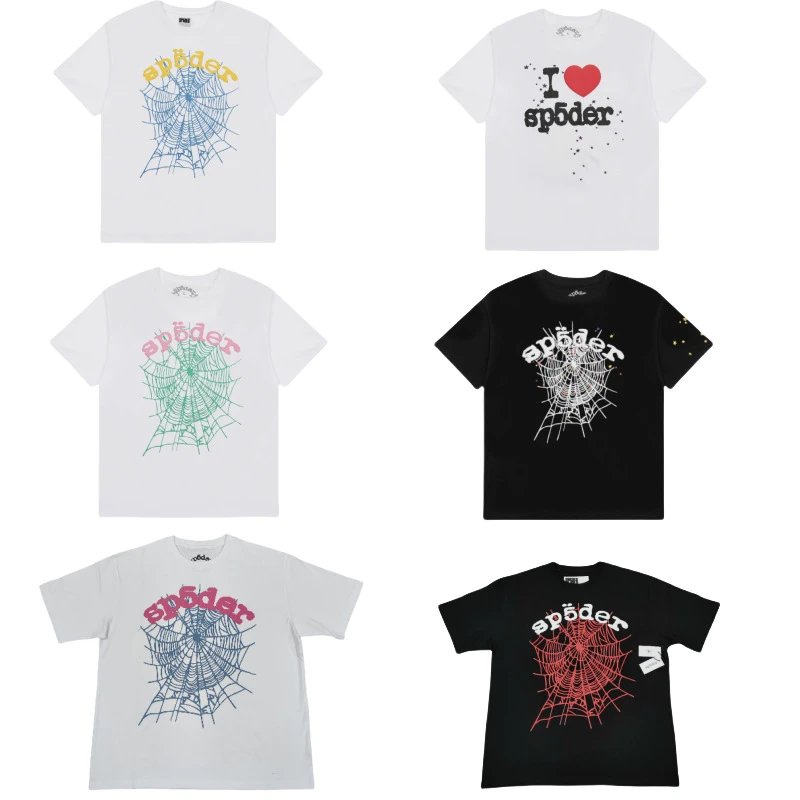 American Style T-Shirt Top Hip Hop Singer Same Style Letter Loose Spider Web sp5der Short Sleeve In Stock Direct Supply