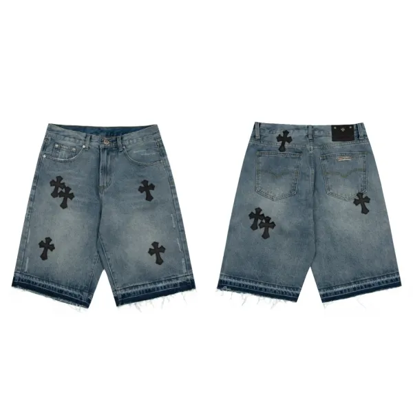 Chrome Hearts Cross-Embellished Distressed Denim Shorts Blue - 1