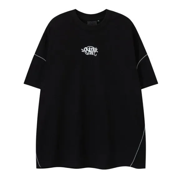 Design Oversized T-Shirt with Graffiti Logo and Contrast Stitching Black T-Shirt - 1