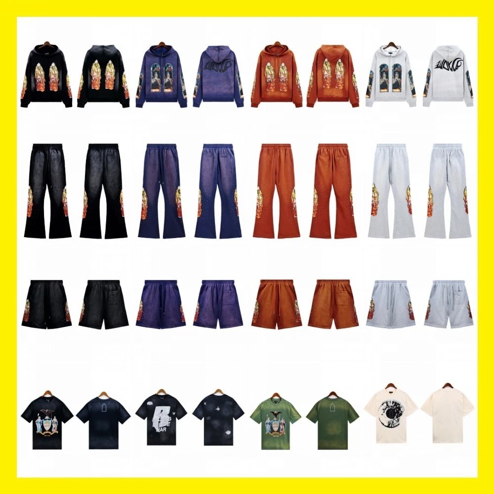 Foreign trade wholesale wdw full series high street trendy brand flame church retro hooded sweatshirt washed and made old T-shirt shorts