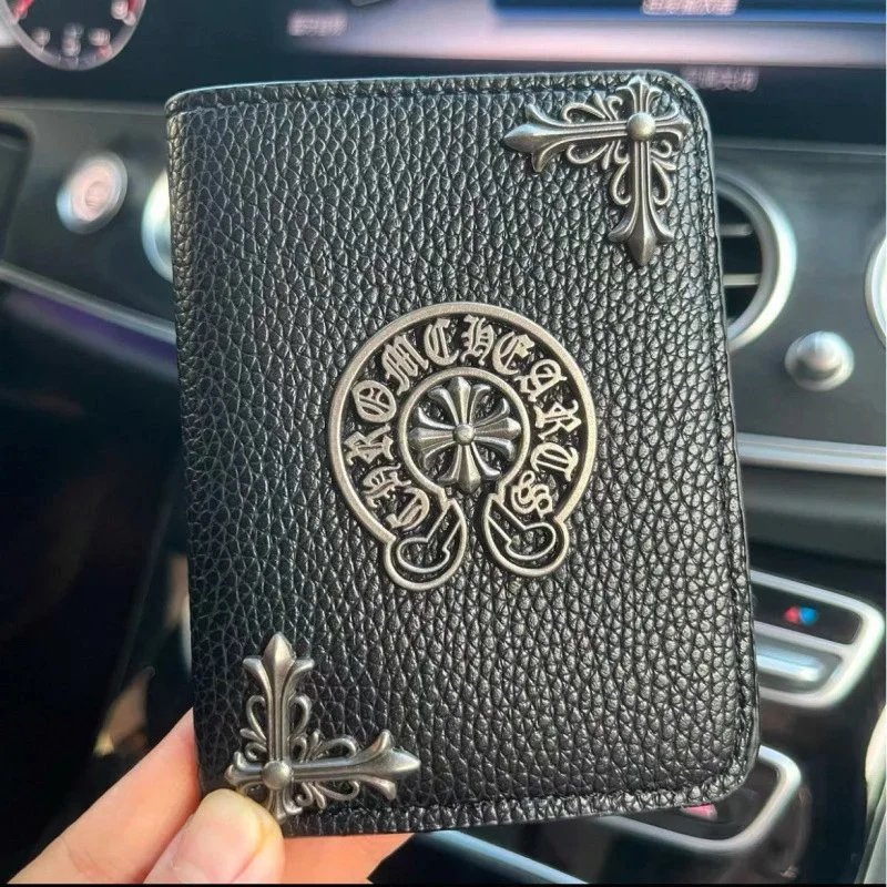 Chrome Hearts Wallets & Card Holders Black Leather Holder with Metal Cross Motifs — Cross Heart-Short Bag