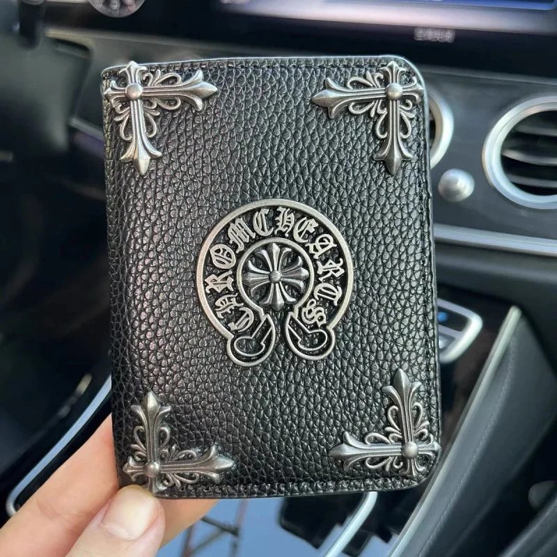 Chrome Hearts Wallets & Card Holders Black Leather Holder with Metal Cross Motifs — Four-Side Crowheart-Short Bag