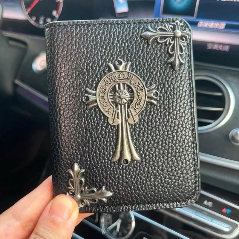 Chrome Hearts Wallets & Card Holders Black Leather Holder with Metal Cross Motifs — Side Hoist-Short Bag