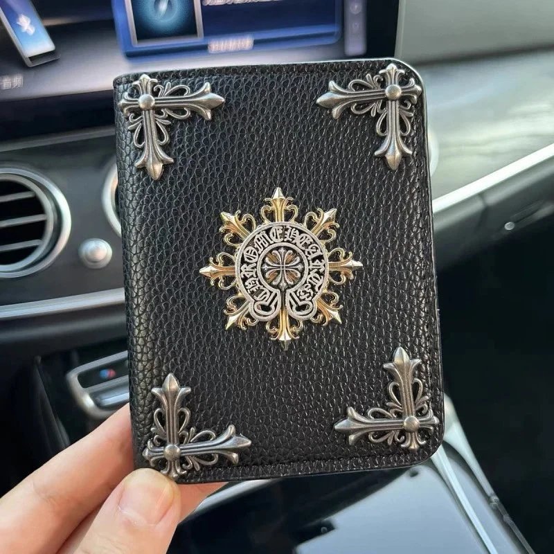 Chrome Hearts Wallets & Card Holders Black Leather Holder with Metal Cross Motifs — Quad Star Munk-Short Bag