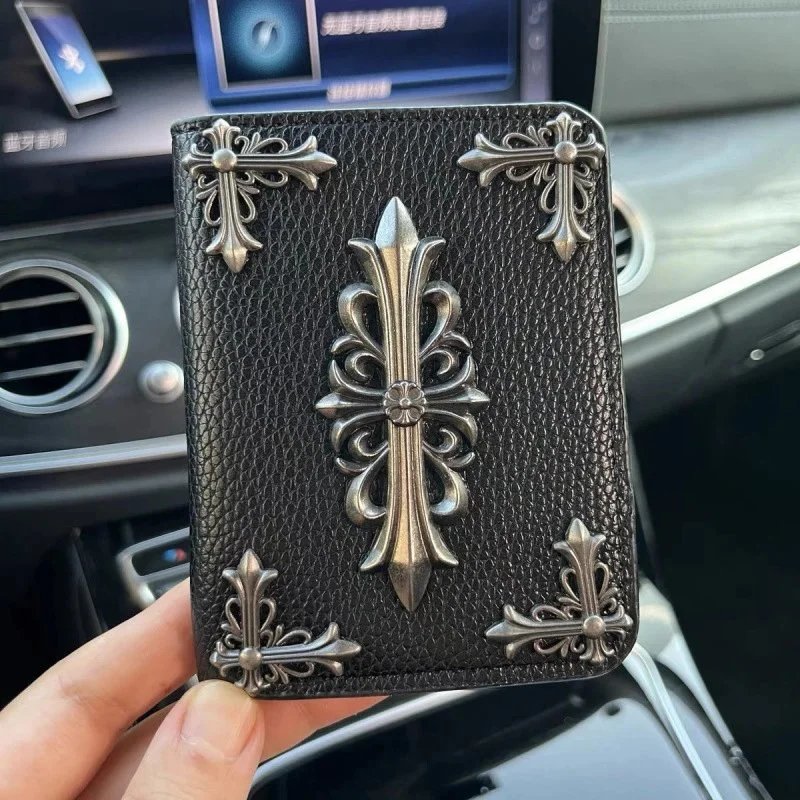 Chrome Hearts Wallets & Card Holders Black Leather Holder with Metal Cross Motifs — Four Side Arrow-Short Bag