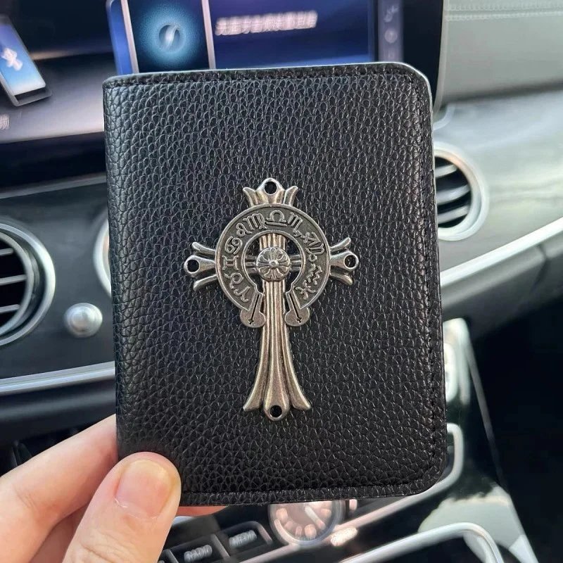 Chrome Hearts Wallets & Card Holders Black Leather Holder with Metal Cross Motifs — Gourd-Short Bag