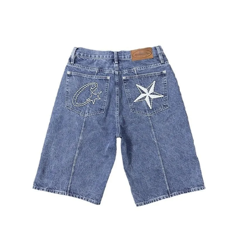Corteiz Alcatraz jeans star embroidered jacket high street retro distressed shorts five-quarter pants trendy