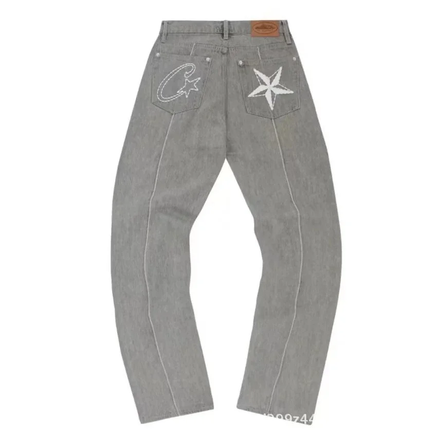 Corteiz Alcatraz jeans star embroidered jacket high street retro distressed shorts five-quarter pants trendy
