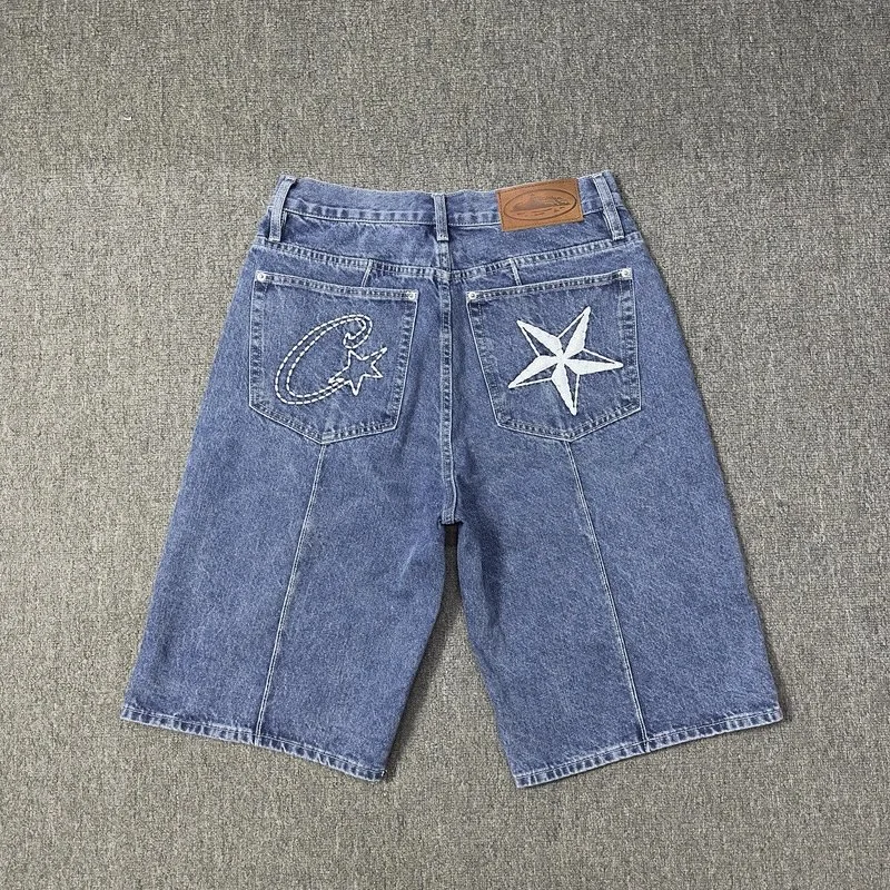 Corteiz Alcatraz jeans star embroidered jacket high street retro distressed shorts five-quarter pants trendy