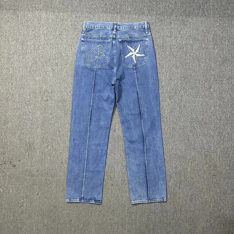 Corteiz Alcatraz jeans star embroidered jacket high street retro distressed shorts five-quarter pants trendy