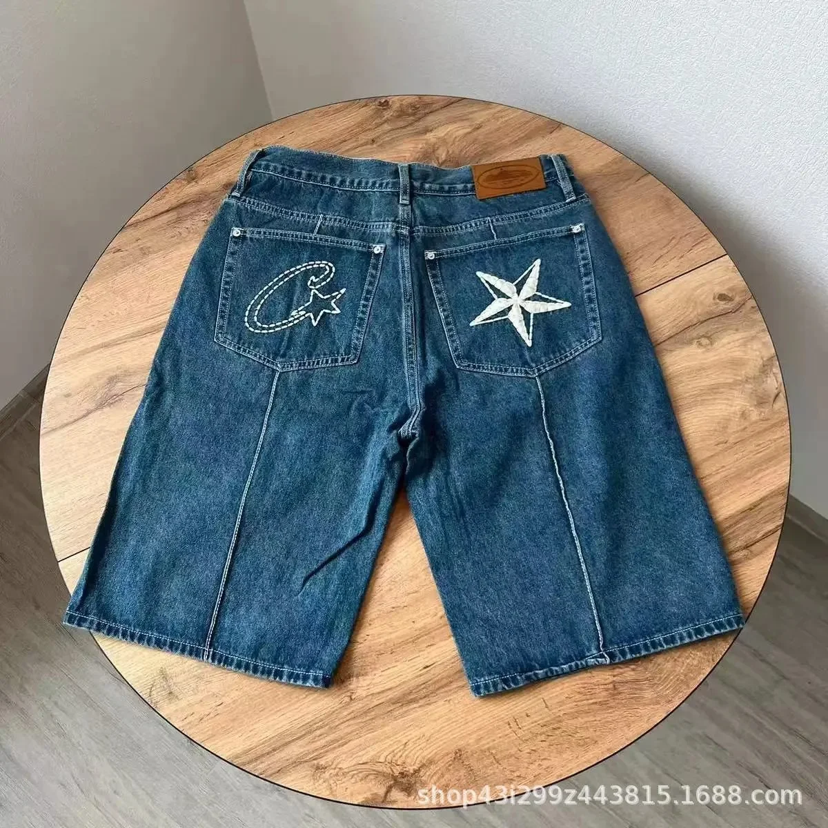 Corteiz Alcatraz jeans star embroidered jacket high street retro distressed shorts five-quarter pants trendy