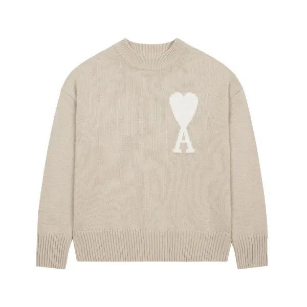Ami Paris Heart Logo Knit Sweater Beige - 1