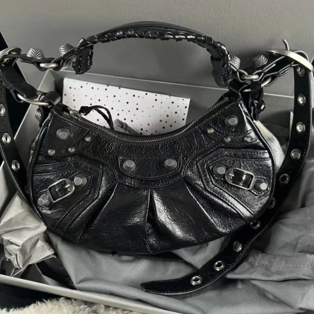 Balenciaga Neo Classic City Leather Shoulder Bag with Braided Handle and Studs - 145667