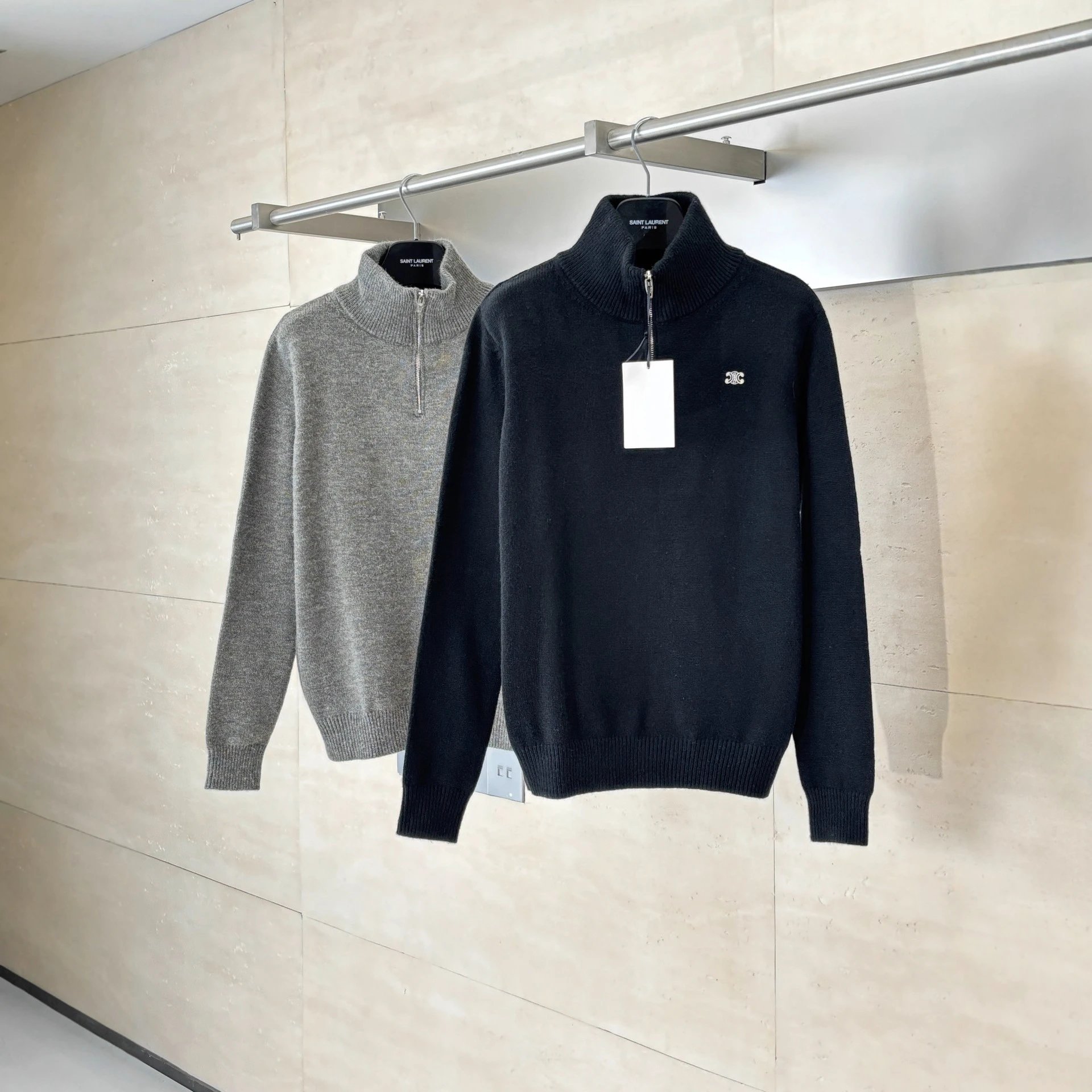 CE正确版高版本24fw小刺绣高领半拉链毛衣男女百搭针织衫