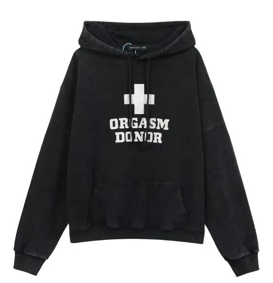Design Orgasm Donor Distressed Black Hoodie - 1