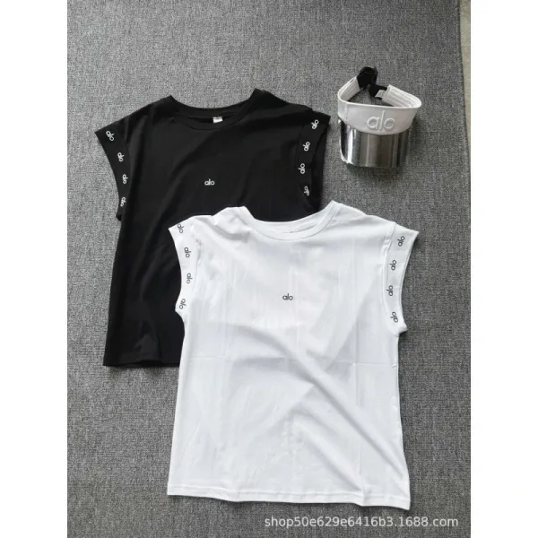 Alo Yoga Logo-Trim Cap-Sleeve T-Shirt Black and White - 1